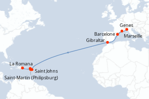 Carte de l'itinéraire de croisière Genes-La Romana d'une durée de 16 jours
