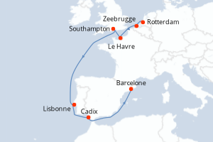 Carte de l'itinéraire de croisière Rotterdam-Barcelone d'une durée de 9 jours