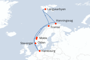Carte itinéraire croisière Allemagne, Norvège - 14 jours au départ de Hambourg - Europe du Nord