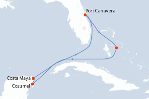Carte de l'itinéraire de croisière Port Canaveral-Port Canaveral d'une durée de 7 jours