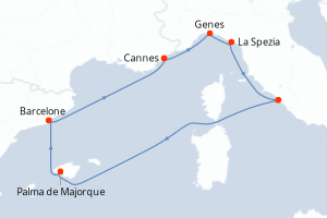 Carte de l'itinéraire de croisière Cannes-Cannes d'une durée de 7 jours