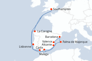 Carte de l'itinéraire de croisière Southampton-Southampton d'une durée de 14 jours