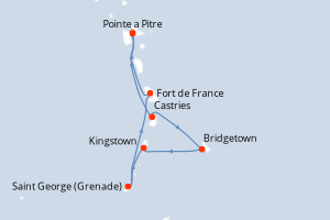 Carte de l'itinéraire de croisière Pointe a Pitre-Pointe a Pitre d'une durée de 7 jours