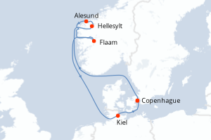 Carte itinéraire croisière Danemark, Norvège, Allemagne - 7 jours au départ de Copenhague - Europe du Nord