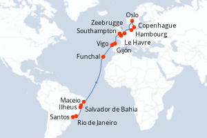 Carte itinéraire croisière Brésil, Portugal, Espagne, Royaume-Uni, France, Belgique, Danemark, Norvège, Allemagne - 24 jours au départ de Santos - Transatlantique