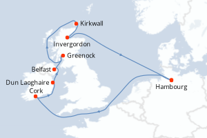 Carte de l'itinéraire de croisière Hambourg-Hambourg d'une durée de 10 jours