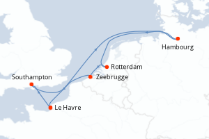Carte itinéraire croisière France, Royaume-Uni, Allemagne, Pays-Bas, Belgique - 7 jours au départ de Le Havre - Europe du Nord