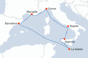 Carte itinéraire croisière Italie, Malte, Espagne, France - 7 jours au départ de Genes - Méditerranée