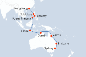 Carte de l'itinéraire de croisière Hong Kong-Sydney d'une durée de 20 jours