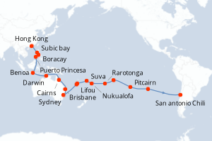 Carte de l'itinéraire de croisière Hong Kong-San antonio Chili d'une durée de 46 jours