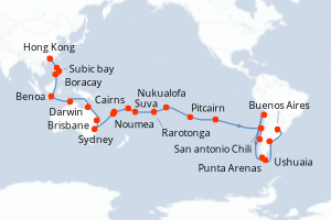 Carte de l'itinéraire de croisière Hong Kong-Buenos Aires d'une durée de 60 jours