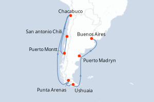 Carte de l'itinéraire de croisière San antonio Chili-Buenos Aires d'une durée de 14 jours