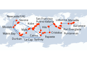 Carte itinéraire croisière Italie, France, Espagne, Portugal, Açores, États-Unis, Floride (USA), Mexique, États-Unis, Hawaii, Polynésie, Fiji, Australie, Japon, Afrique du Sud - 138 jours au départ de Savone - Méditerranée