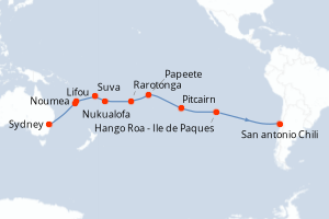 Carte de l'itinéraire de croisière Sydney-San antonio Chili d'une durée de 26 jours
