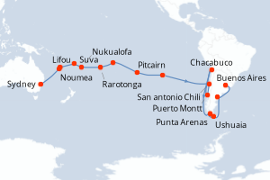Carte de l'itinéraire de croisière Sydney-Buenos Aires d'une durée de 40 jours