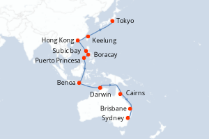 Carte de l'itinéraire de croisière Tokyo-Sydney d'une durée de 25 jours