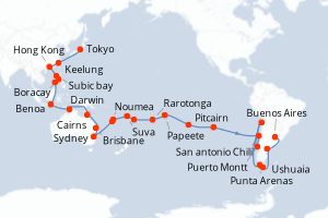 Carte de l'itinéraire de croisière Tokyo-Buenos Aires d'une durée de 65 jours