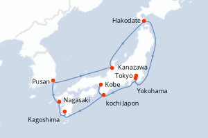 Carte de l'itinéraire de croisière Yokohama-Tokyo d'une durée de 11 jours