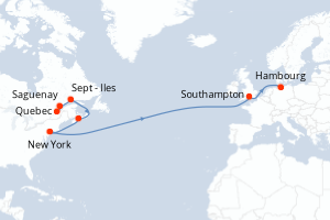 Carte de l'itinéraire de croisière Quebec-Hambourg d'une durée de 16 jours