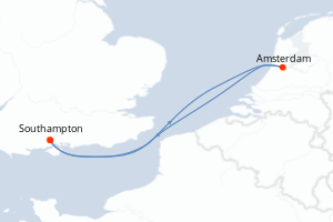 Carte de l'itinéraire de croisière Southampton-Southampton d'une durée de 4 jours
