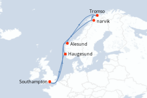 Carte de l'itinéraire de croisière Southampton-Southampton d'une durée de 12 jours