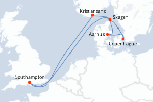 Carte de l'itinéraire de croisière Southampton-Southampton d'une durée de 7 jours