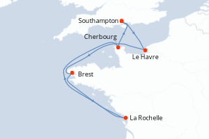 Carte de l'itinéraire de croisière Southampton-Southampton d'une durée de 7 jours