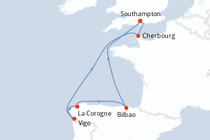 Carte de l'itinéraire de croisière Southampton-Southampton d'une durée de 7 jours