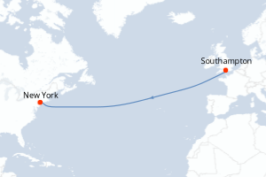 Carte de l'itinéraire de croisière Southampton-New York d'une durée de 8 jours