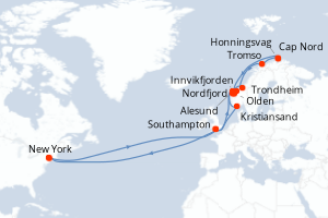 Carte de l'itinéraire de croisière New York-New York d'une durée de 28 jours