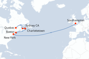 Carte de l'itinéraire de croisière Southampton-Quebec d'une durée de 14 jours