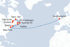 Carte de l'itinéraire de croisière Southampton-New York d'une durée de 21 jours