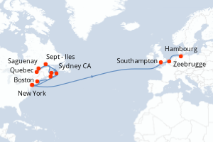 Carte de l'itinéraire de croisière New York-Hambourg d'une durée de 24 jours
