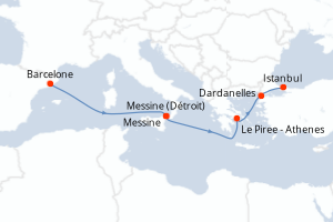 Carte de l'itinéraire de croisière Barcelone-Istanbul d'une durée de 7 jours