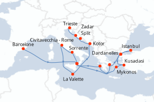 Carte de l'itinéraire de croisière Barcelone-Trieste d'une durée de 21 jours