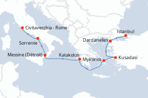 Carte de l'itinéraire de croisière Istanbul-Civitavecchia - Rome d'une durée de 7 jours