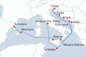 Carte de l'itinéraire de croisière Civitavecchia - Rome-Barcelone d'une durée de 14 jours
