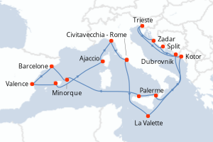 Carte de l'itinéraire de croisière Civitavecchia - Rome-Civitavecchia - Rome d'une durée de 21 jours