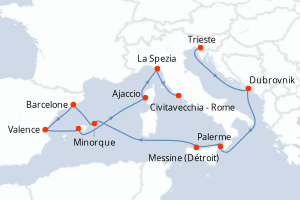 Carte de l'itinéraire de croisière Trieste-Civitavecchia - Rome d'une durée de 14 jours