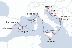 Carte de l'itinéraire de croisière Trieste-Trieste d'une durée de 21 jours