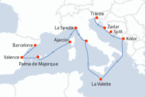 Carte de l'itinéraire de croisière Barcelone-Trieste d'une durée de 14 jours