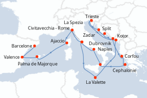 Carte de l'itinéraire de croisière Barcelone-Civitavecchia - Rome d'une durée de 21 jours