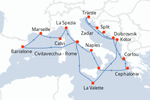 Carte de l'itinéraire de croisière Civitavecchia - Rome-Civitavecchia - Rome d'une durée de 21 jours