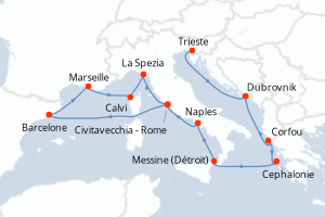 Carte de l'itinéraire de croisière Trieste-Civitavecchia - Rome d'une durée de 14 jours