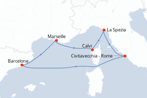 Carte de l'itinéraire de croisière Civitavecchia - Rome-Civitavecchia - Rome d'une durée de 7 jours