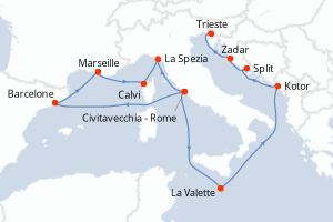 Carte de l'itinéraire de croisière Civitavecchia - Rome-Trieste d'une durée de 14 jours