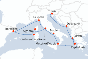Carte de l'itinéraire de croisière Trieste-Civitavecchia - Rome d'une durée de 14 jours