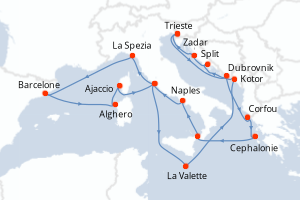 Carte de l'itinéraire de croisière Trieste-Trieste d'une durée de 21 jours