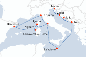 Carte de l'itinéraire de croisière Civitavecchia - Rome-Trieste d'une durée de 14 jours