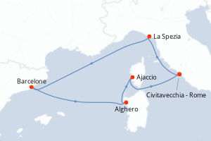 Carte itinéraire croisière Espagne, France, Italie - 7 jours au départ de Civitavecchia - Rome - Méditerranée